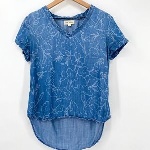 Cloth & Stone‎ Blue Chambray Floral Print V-Neck Hi-Low Tee Size X-Small